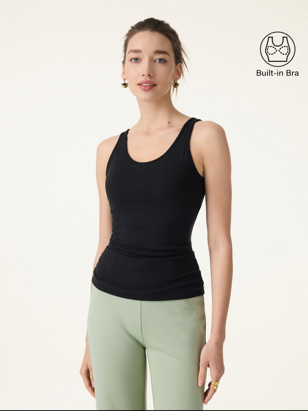 NWT  OGL Cotton Lyocell U-Neck Built in Bra Tank in Black